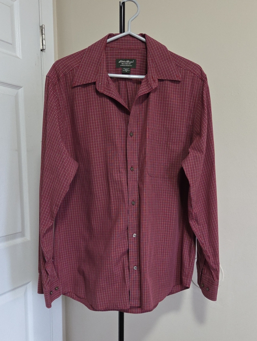 Eddie Bauer 100% Cotton Men’s Red Check Long-Sleeve Button-Up Shirt